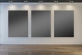 Modern museum or exhibition hall interior with clean illuminated black mock up frames on concrete wall and wooden parquet flooring Royalty Free Stock Photo