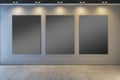 Modern museum or exhibition hall interior with illuminated empty black mock up posters on concrete wall. Royalty Free Stock Photo