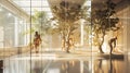 Evolutionary figures in a modern glass museum, featuring lush indoor trees and ample natural light. Royalty Free Stock Photo