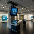 Modern museum interior featuring interactive digital displays. Large touchscreens are Royalty Free Stock Photo