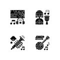Modern music genres variety black glyph icons set on white space