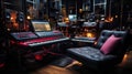 modern music studio room complete with musical instruments, good lighting, cyber punk fashion , Generate AI