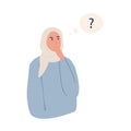 Modern muslim arab thinking female character. Portrait of thoughtful person with question mark. Young woman solving