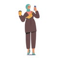 Modern Muslim Woman Confidently Holds A Cup Of Coffee In One Hand And Smartphone In The Other, Vector Illustration