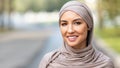 Modern Muslim Young Woman In Hijab Smiling Posing Outdoors, Panorama Royalty Free Stock Photo