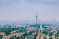 Modern nanjing city skyline with beautiful lake in morning.