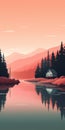 Minimalist Canyon House Illustration With Beautiful Sunset And Lake