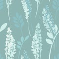 Modern nature monochrome vector seamless pattern. Hand drawn abstract silhouettes of leaves and flowers on blue background.