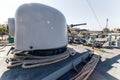 Modern naval main gun mounted on the maritime action warship use for naval warfare