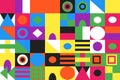 Modern Neo-Geo Pattern Illustration featuring Vibrant Geometric Circles Squares and Triangles in a Grid. Royalty Free Stock Photo