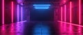 Modern neon garage with red blue led light, abstract dark stage background. Theme of studio, hall, room interior, warehouse