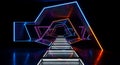 Modern Neon Geometric Corridor with Hexagonal Light Frames Royalty Free Stock Photo