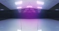 Modern Neon Glowing Blue Purple Pink Dance Stage Lights Dark Empty Sci-Fi Futuristic Ship Corridor With Reflective Surfaces. 3D