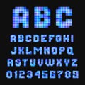 Modern neon pixel font on black background.