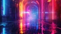 Modern neon street background, perspective of empty wet road like tunnel with led multicolored light. Futuristic design of dark