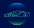 Modern Neon Thin Icon of car on Blue Background.