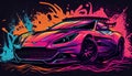 Modern Neon Watercolor Sports Car Illustration, Made with Generative AI