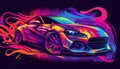Modern Neon Watercolor Sports Car Illustration, Made with Generative AI