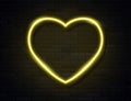 Modern Neon Yellow Glowing Heart Banner on Dark Empty Grunge Brick Background. Vector Vintage Golden Heart Sign Royalty Free Stock Photo