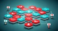 Modern network of interconnected red and blue hexagons with data analytics icons forming a digital communication system Royalty Free Stock Photo