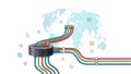 Global Network Router with Multicolored Data Cables and World Map Background Royalty Free Stock Photo