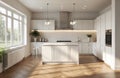 Modern neutral kitchen interior featuring clean white cabinets, spacious island. Sunlight streams through large window, Royalty Free Stock Photo