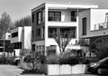 Modern new buildings from cubic concrete elements near Braunschweig, Germany, black and white