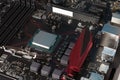 Modern, new, gaming motherboard with installed CPU processor. Royalty Free Stock Photo