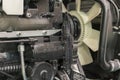 Modern new hi-tech engine of loader or small tractor. Top view. The big new engine on a show window Royalty Free Stock Photo