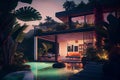 Modern new luxurious mansion exterior with swimming pool and colorful sky at dusk. Tropical villa view with garden. Royalty Free Stock Photo