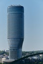 Modern New Skyscraper Blue Glass Building Top Tower Kula in Capital City. Belgrade Serbia. On sunny spring day. A road Royalty Free Stock Photo