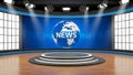 Modern news studio with blue globe backdrop Royalty Free Stock Photo