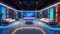 Modern news studio with digital screens, comfortable sofas, and glowing lights. Interior design, television studio for live Royalty Free Stock Photo