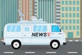 Modern news truck on city road, mobile broadcasting vehicle Royalty Free Stock Photo