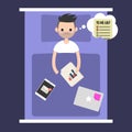 Modern nightmare conceptual illustration. Insomnia. Young man lying in the bed and thinking about work / flat editable vector il