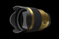Modern nonexistent gold DSLR macro camera lens on black background