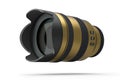 Modern nonexistent gold DSLR macro camera lens on white background