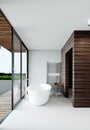 Modern nordic style bathroom. Bathroom with a large panoramic window and access to the terrace