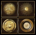 Modern Nordic wall decor. wall frame poster art. a golden circles, a sun on black texture background. 3d artwork