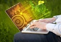 Modern notebook computer with future technology symbols Royalty Free Stock Photo