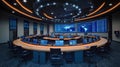 Modern nuclear bunker control room with large screen displaying global map