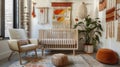 This modern nursery is brought to life by the pop of color and playfulness of the woven wall hangings that adorn the