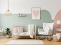 Modern nursery room with crib and chair isolated on white background Royalty Free Stock Photo