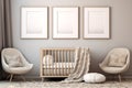 Modern Nursery Room Interior. Neutral Palette, Beige Tones. Picture Frame Mockups. AI Generated.