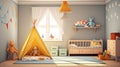 Modern nursery room interior with play tent for kids. an empty children playroom tent. generative ai Royalty Free Stock Photo