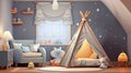 Modern nursery room interior with play tent for kids. an empty children playroom tent. generative ai Royalty Free Stock Photo