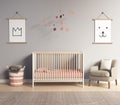 Modern nursery room with salmon red and grey accents