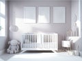 A modern nursery room with three mockup poster frames on a wall. interior design for a baby nursery in pale tones. Royalty Free Stock Photo