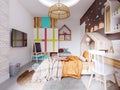 Modern nursery with white and brown wall and bed with orange blanket and headboard house and writing desk with shelves and multi-