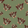 Modern oak leaf acorn vector seamless background pattern. Hand-drawn groups of leaves and acorns on sage green backdrop Royalty Free Stock Photo